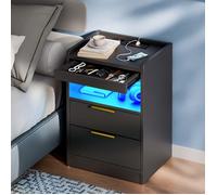 Mondeer LED Table de Chevet avec Tiroir Caché, Meuble de Chevet avec Station de Chargement et 3 Tiroirs, Table de Nuit avec Rangement pour Chambre Salon Bureau, 60 x 37 x 35 cm (Noir)