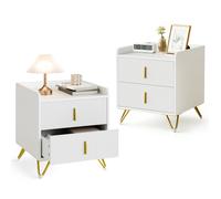 Mondeer Table de Chevet Lot de 2 avec 2 Tiroirs et Pieds Métal, Table d’Appoint Moderne pour Chambre et Salon, Blanc et Doré