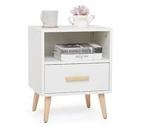 Mondeer - Table de Chevet - Table d'appoint avec 1 Tiroir et 1 Étagère Ouverte, 40x30x51cm Table de Nuit avec Pieds en Bois Massif, Blanc Style Simple pour Chambre et Salon