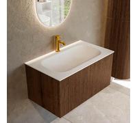 MONDIAZ KURVE Meuble de salle de bains 80 cm couleur Walnut avec 1 tiroir. Lavabo BIG SMALL central 1 trou de robinet Talc. KRVBGS801L0D1KM-Wal/Tal