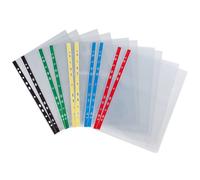 MONDOFFICE Pochettes perforées transparentes lisses A4 polypropylène 90 microns 11 trous avec bandes de couleur - Lot de 10