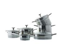Moneta Accordo Inox Lot de 10 Casseroles et Poêles, Revêtement Extérieur en Acier Inoxydable Brossé, Convient à Toutes les Plaques de Cuisson, Va au Lave-vaisselle, Batterie de Cuisine 10 Pièces