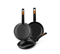 MONIX Fuego | Lot de 3 poêles 20-24-28 cm, en aluminium forgé, antiadhésives double couche, sans PFOA, manche en bakélite, adaptées à tous feux dont induction