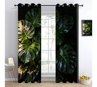 Monstera deliciosa Vert foncé Rideau Occultant,Jungle Tropicale Tenture Opaque Draperies,Feuilles sur Fond Noir Salon Rideaux,Art botanique Intérieurs Rideau Thermique Isolant L60 x H140cm 2 Panneaux