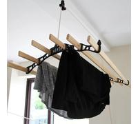 MonsterShop Étendoir à linge suspendu 1,5 m – 6 lattes en pin, supports et poulie noirs
