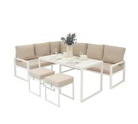 Ensemble de mobilier de jardin en aluminium blanc, 7 places, salon d'extérieur pour terrasse, canapé d'angle modulable, table à manger avec plateau en verre, 2 poufs, coussins épais avec housses lavab
