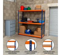 Rayonnage Garage S-Rax - Rangement Industriel Robuste & Ajustable 3 Étages 180 x 180 x 60cm - Capacité 300kg / étage - 100% sans boulons [Pieds en caoutchouc antidérapants & 3 supports transversaux]