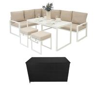 Ensemble de mobilier de jardin en aluminium blanc avec coffre de rangement en rotin noir – Canapé d'angle d'extérieur 7 places avec table à manger, tabourets, coussins, couvercle à ressort de gaz de 5