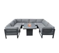 Ensemble de salon de jardin modulaire, grand modèle gris, 8 places, canapé en U avec coussins, table et foyer à gaz. Ensemble de mobilier de jardin en aluminium 9 pièces pour l'extérieur, pour terrass