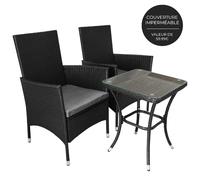 MonsterShop – Ensemble bistro jardin 3 pièces rotin noir, table verre trempé, 2 chaises