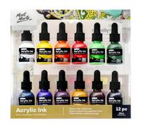 Mont Marte Encre Acrylique supérieure,12x20ml, Couleurs essentielles, Pour les détails fins et les lavis de couleur, idéal pour l'aérographe, l'art de la coulée, le scrapbooking et le dessin à l'encre