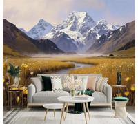 Montagnes Enneigées Rivières Prairies Dorées Fleurs Jaunes Paysages Naturels Papier Peint 3D Décoration Murale Créative D'intérieur Bureau Salon Chambre à Coucher Fond Pour Canapé-400cm×280cm