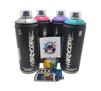 Montana Colors Hardcore Peinture en aérosol professionnelle, lot de 4 canettes de 400 ml, couleurs argent, turquoise, violet, fuchsia, avec 3 buses de rechange + 1 autocollant MTN