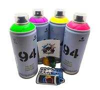 Montana Colors MTN 94 Peinture en spray fluorescent, 4 couleurs (violet, fuchsia, jaune, vert), 400 ml chacune, avec 3 buses de rechange