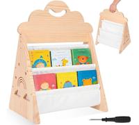 Montessori Bibliothèque en bois pour enfant à 2 étages - Double face - Avec poches en toile robuste - Pour coin lecture, chambre de bébé, maternelle, salle de hambre d'enfant, bibliothèque