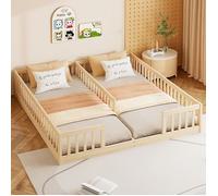 Montessori Lit de sol 90 x 200 cm avec barrières de sécurit, lit d'enfant 2 place, lit en bois avec sommier à lattes, Naturel
