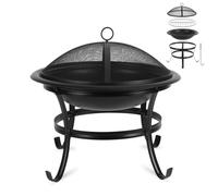 Monucep Brasero de 55 cm avec protection anti-étincelles, grille de cuisson | Brasero en fer noir de 51 cm de haut avec cadre à double anneau, crochet et kit de montage pour jardin, terrasse et camping