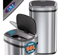 Monzana® Poubelle automatique 50L acier inoxydable capteur mouvement anneau couvercle câble USB affichage LED poubelle de cuisine bureau argent