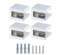 Mooche 4 Pièces Pince à Verre Carrée en Alliage de Zinc pour Étagère, Support Universel pour Verre de 3 à 6 mm, Fixation Murale Invisible du Verre Robuste, Support de Verre Réglable Chrome