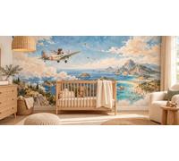 MOOGCO Papier peint fresque Explorateur du littoral, fresque murale autocollante pour chambre d'enfant, papier peint aquarelle avion dans le ciel pour chambre de bébé, 100 x 80 in