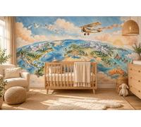 MOOGCO Papier peint mural Explorateur du monde, Poster mural adhésif repositionnable pour chambre d'enfant, Papier peint chambre bébé avion dans le ciel aquarelle, 160 x 100 in