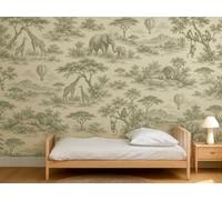 MOOGCO Papier peint mural toile de Jouy safari vert sauge, autocollant pour chambre d'enfant, papier peint chambre de bébé aquarelle sur mesure, 160 x 100 in