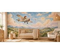 MOOGCO Papier peint panoramique Avion Vintage, Décoration murale chambre enfant autocollante, Avion dans le ciel aquarelle pour chambre de bébé, 100 x 80 in