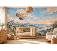 MOOGCO Papier peint panoramique Dirigeable doux, fresque murale autocollante pour chambre d'enfant, papier peint avion et ciel aquarelle pour chambre bébé, 120 x 100 in