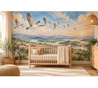 MOOGCO Papier Peint Panoramique Oiseaux Migrateurs, Poster Mural Autocollant pour Chambre d'Enfant, Avion et Ciel Aquarelle pour Chambre de Bébé, 100 x 80 in