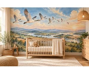 MOOGCO Papier Peint Panoramique Oiseaux Migrateurs, Poster Mural Autocollant pour Chambre d'Enfant, Avion et Ciel Aquarelle pour Chambre de Bébé, 100 x 80 in