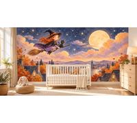 MOOGCO Papier Peint Panoramique Petite Sorcière, Poster Mural Autocollant pour Chambre d'Enfant, Halloween Aquarelle pour Chambre de Bébé, 160 x 100 in