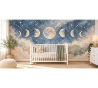 MOOGCO Papier Peint Panoramique Phases de la Lune, Poster Mural Autocollant pour Chambre d'Enfant, Espace Aquarelle pour Chambre de Bébé, 160 x 100 in