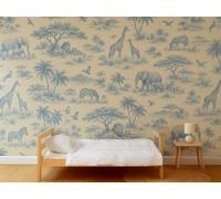 MOOGCO Papier peint panoramique toile de Jouy safari bleue, Peel and Stick pour chambre d'enfant, papier peint aquarelle pour chambre de bébé sur mesure, 60 x 40 in