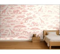 MOOGCO Papier peint panoramique Toile de Jouy safari rose poudré, Fresque murale autocollante pour chambre d'enfant, Papier peint aquarelle sur mesure pour chambre de bébé, 180 x 100 in