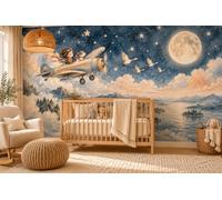 MOOGCO Papier Peint Panoramique Vol au Clair de Lune, Poster Mural Autocollant pour Chambre d'Enfant, Avion et Ciel Aquarelle pour Chambre de Bébé, 160 x 100 in