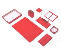 MOOGCO Set de bureau 10 pièces avec bac à documents coloris Rouge, sous-main, plaque nominative avec stylos, pot à stylos, support notes adhésives, dessous-de-verre, support de calendrier
