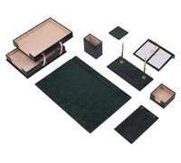 MOOGCO Set de bureau 10 pièces avec bac à documents double coloris Vert, sous-main, plaque nominative avec stylos, pot à stylos, support notes adhésives, dessous-de-verre, support de calendrier