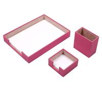MOOGCO Set de bureau 3 pièces coloris Rose en similicuir, pot à stylos, support pour notes adhésives et bac à documents, organisateur de bureau