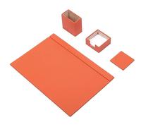 MOOGCO Set de bureau 4 pièces coloris Orange, sous-main en cuir avec rabat, pot à stylos, support pour notes adhésives et dessous-de-verre, organisateur de bureau