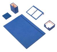 MOOGCO Set de bureau 5 pièces coloris Bleu, sous-main en cuir avec rabat, pot à stylos, support pour notes adhésives, dessous-de-verre et support de calendrier