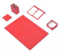 MOOGCO Set de bureau 5 pièces coloris Rouge, sous-main en cuir avec rabat, pot à stylos, support pour notes adhésives, dessous-de-verre et support de calendrier