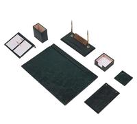 MOOGCO Set de bureau 9 pièces coloris Vert, sous-main en cuir, plaque nominative avec set de stylos doré, pot à stylos, support pour notes adhésives, bloc en cuir, dessous-de-verre