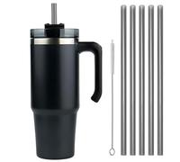 Moollyfox Mug Isotherme avec Poignée Couvercle Brosse et 5 Pailles Tasse à Café Acier Inoxydable sans BPA Double Isolée Gobelet Isotherme pour Eau, Café, Smoothie et Boissons Noir 30oz/890ml
