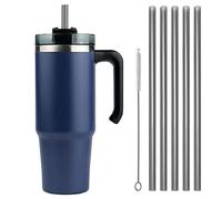 Moollyfox Mug Isotherme avec Poignée Couvercle Brosse et 5 Pailles Tasse à Café Acier Inoxydable sans BPA Double Isolée Gobelet Isotherme pour Eau, Café, Smoothie et Boissons Bleu 30oz/890ml