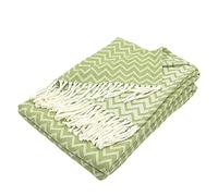 Moon Couverture de Luxe en Coton - Environ 130 x 170 cm - Motif Zig-zag - Couvre-lit avec Franges - Léger et Confortable - Blanc/Vert Clair