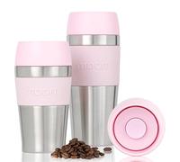 Moon Mugs de voyage 360°- Gobelet à café réutilisable et anti-fuite pour boissons chaudes, Mug isotherme en acier inoxydable, compatible avec les porte-gobelets de voiture (450 ml, métal recyclé/rose)