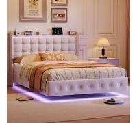 Moonbite, lit suspendu 160x200 cm, velours blanc – éclairage LED RGB avec 6000 couleurs contrôlables via une application, port USB Type-C, capitonnage boutonné