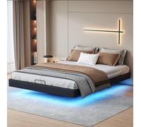 Moonbite, structure de lit suspendue de 160x200 cm avec éclairage LED contrôlable par application et télécommande, six pieds dissimulés sous la structure, sommier à lattes, métal, noir