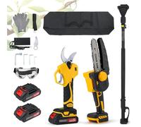 Moongiantgo Kit 3-en-1 Ébrancheur sur Perche Sans Fil & Sécateur Digital, Ouverture de 6,5 cm & Tronçonneuse 15cm avec Perche Télescopique 2m, 2x 2000mAh, Tête 90° Réglable, Sac de Rangement (jaune)