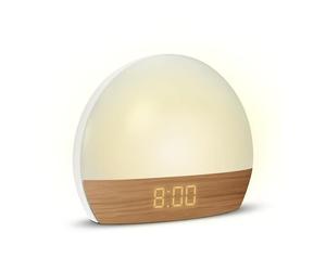 mooov 477356 Réveil simulateur d'aube Lumiere Progressive sur Secteur - Luminothérapie Eclairage Blanc ou Couleur - Charge Port USB-A - Effet Naturel Bois